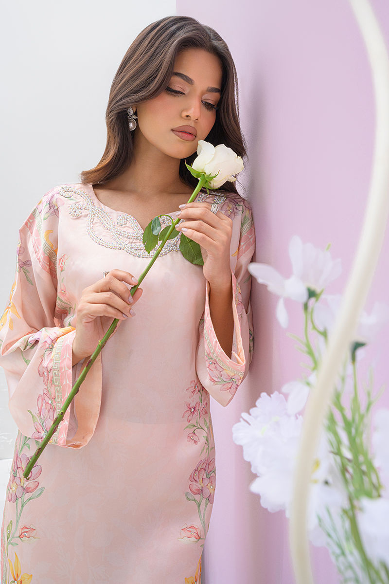 Fatima Khan | Eid Digital Silk Prints | Peach Blossoms - by - Libasekhas UK - Registered Vendor of : Fatima Khan - 100% Original Designer Dresss