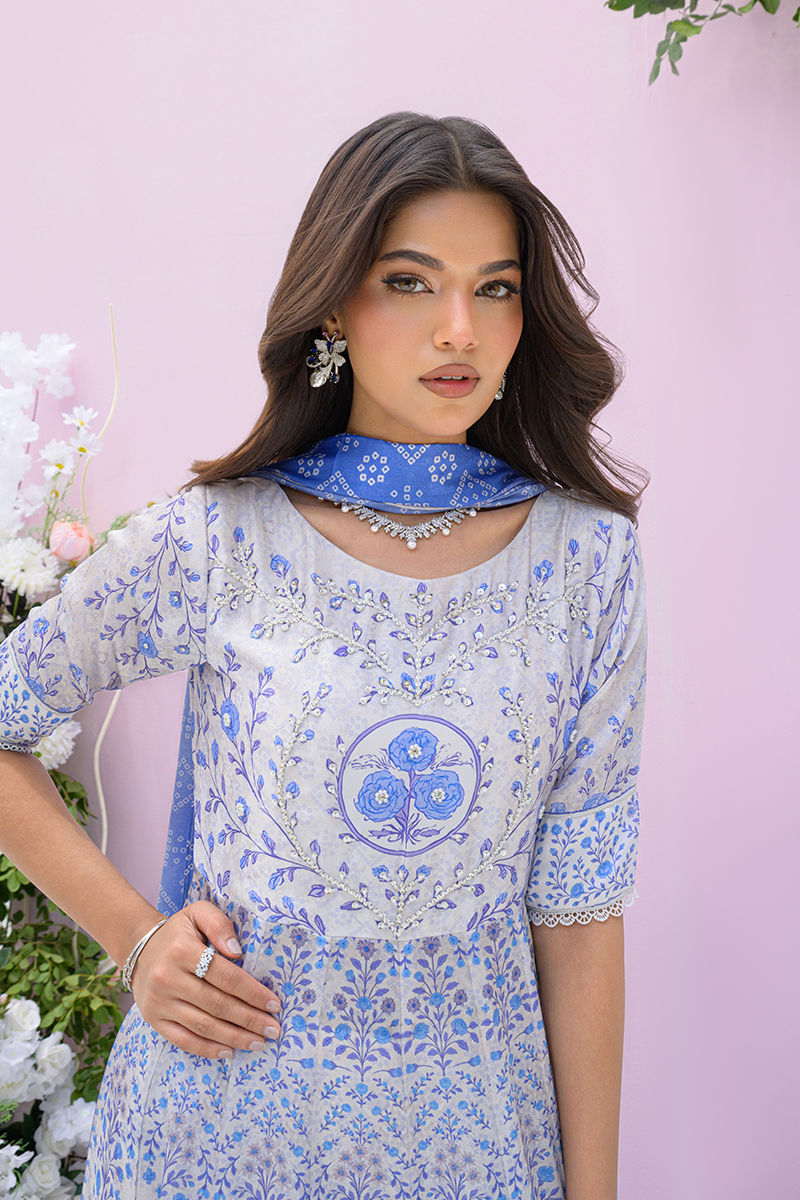 Fatima Khan | Eid Digital Silk Prints | Azure Blue - by - Libasekhas UK - Registered Vendor of : Fatima Khan - 100% Original Designer Dresss