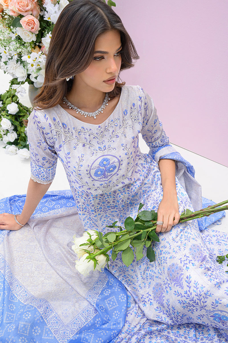 Fatima Khan | Prints and Petals | Azure Blue - by Libasekhas UK - Registered Vendor of : Fatima Khan - 100% Original Designer Dress