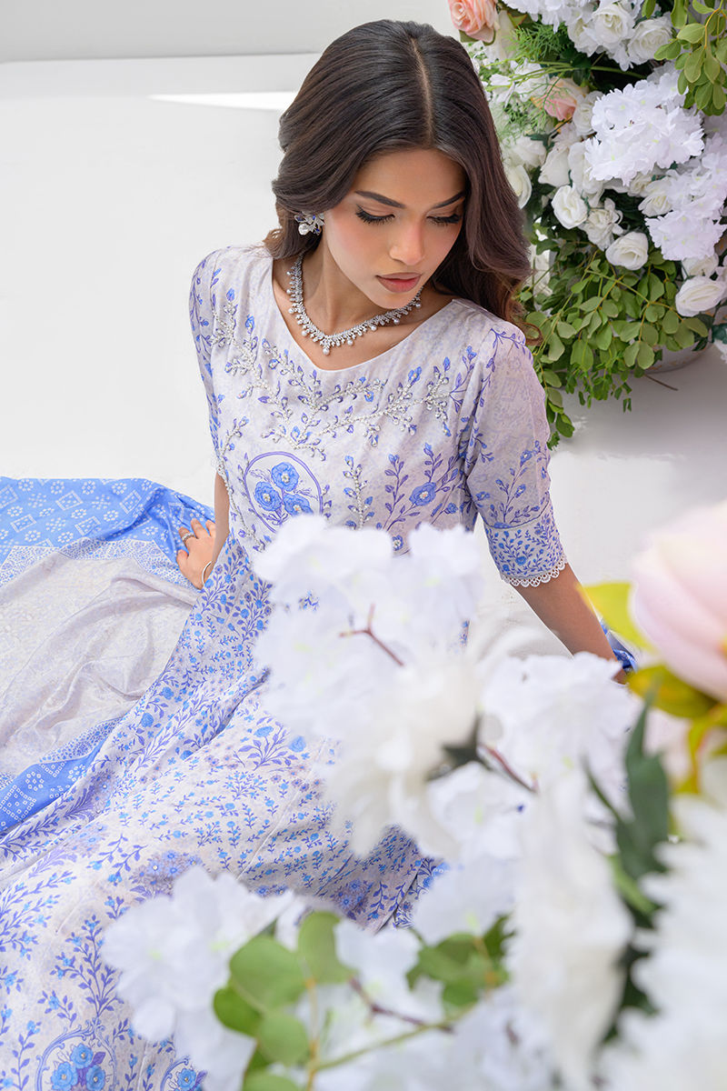 Fatima Khan | Prints and Petals | Azure Blue - by Libasekhas UK - Registered Vendor of : Fatima Khan - 100% Original Designer Dress