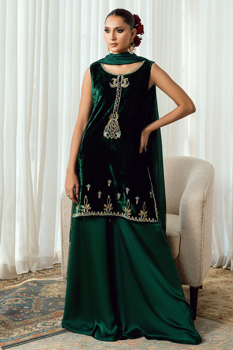 Fatima Khan | Warm Whisper Velvet 25 | Emerald Dusk - by Libasekhas UK - Registered Vendor of : Fatima Khan - 100% Original Designer Dress