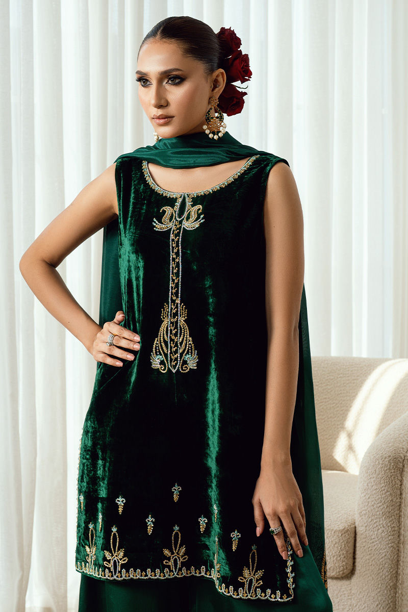 Fatima Khan | Warm Whisper Velvet 25 | Emerald Dusk - by Libasekhas UK - Registered Vendor of : Fatima Khan - 100% Original Designer Dress