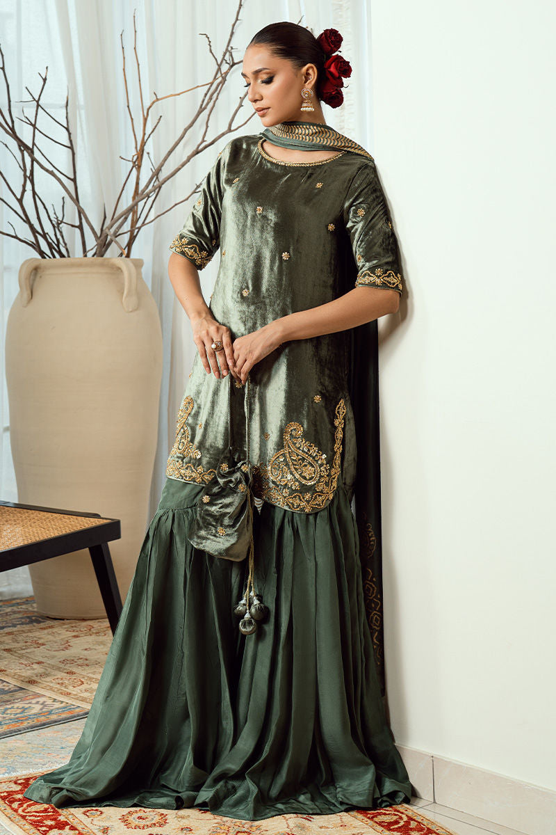 Fatima Khan | Warm Whisper Velvet 25 | Olive Dynasty - by Libasekhas UK - Registered Vendor of : Fatima Khan - 100% Original Designer Dress