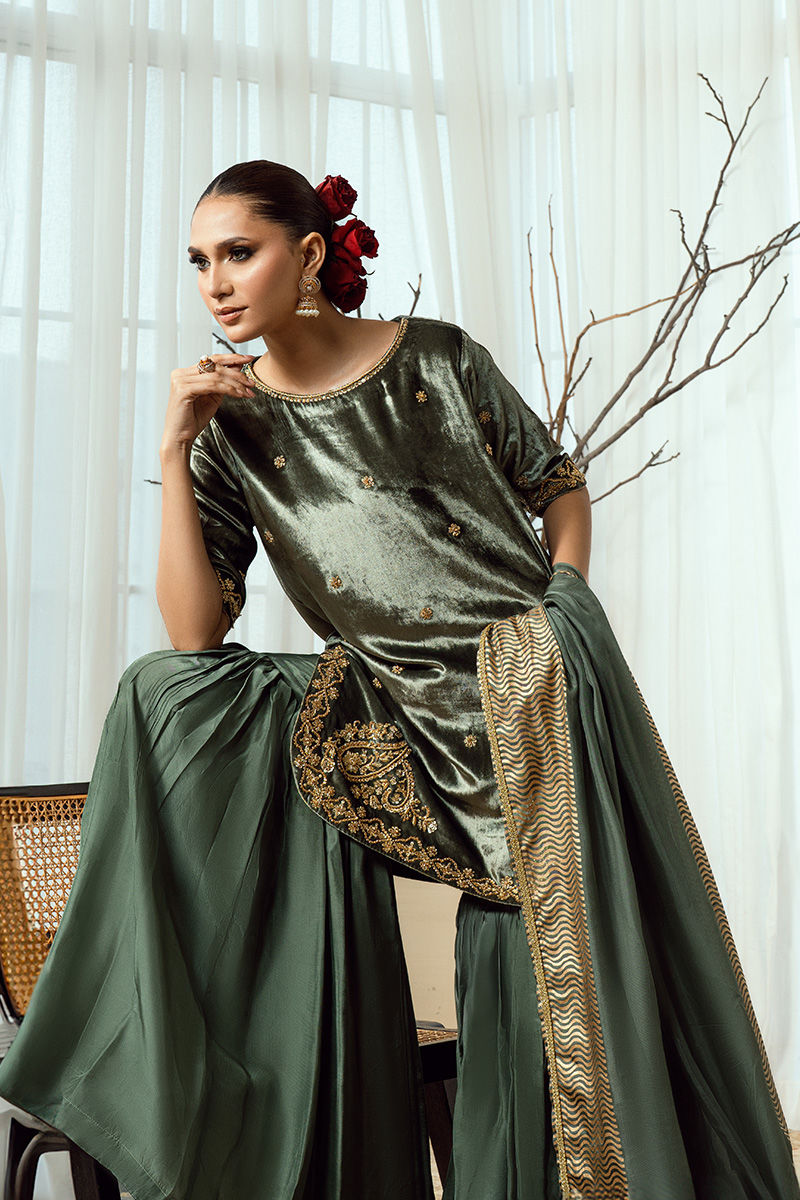 Fatima Khan | Warm Whisper Velvet 25 | Olive Dynasty - by Libasekhas UK - Registered Vendor of : Fatima Khan - 100% Original Designer Dress