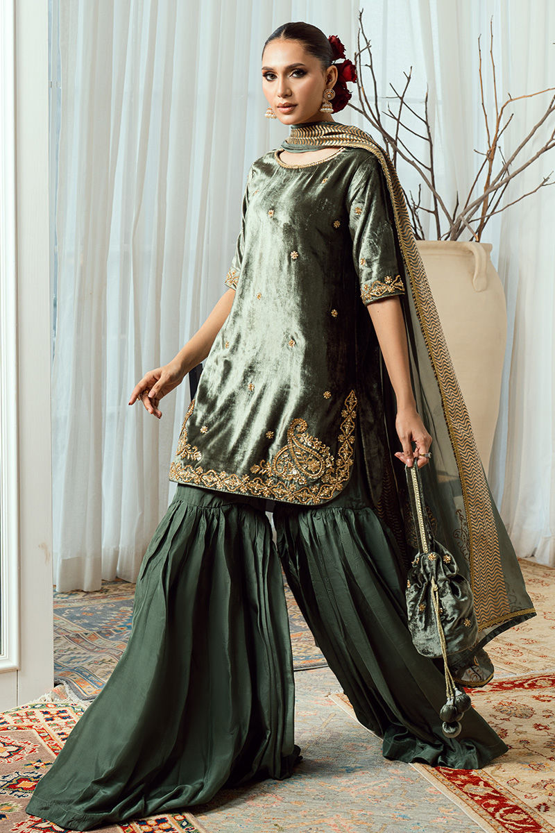 Fatima Khan | Warm Whisper Velvet 25 | Olive Dynasty - by Libasekhas UK - Registered Vendor of : Fatima Khan - 100% Original Designer Dress