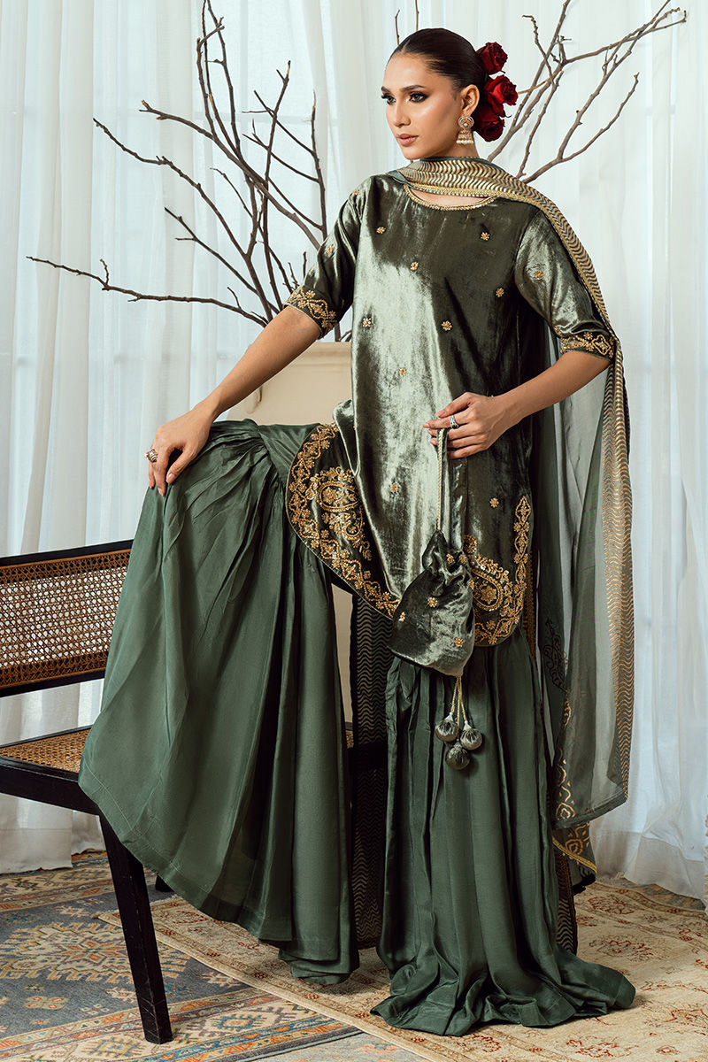 Fatima Khan | Warm Whisper Velvet 25 | Olive Dynasty - by Libasekhas UK - Registered Vendor of : Fatima Khan - 100% Original Designer Dress
