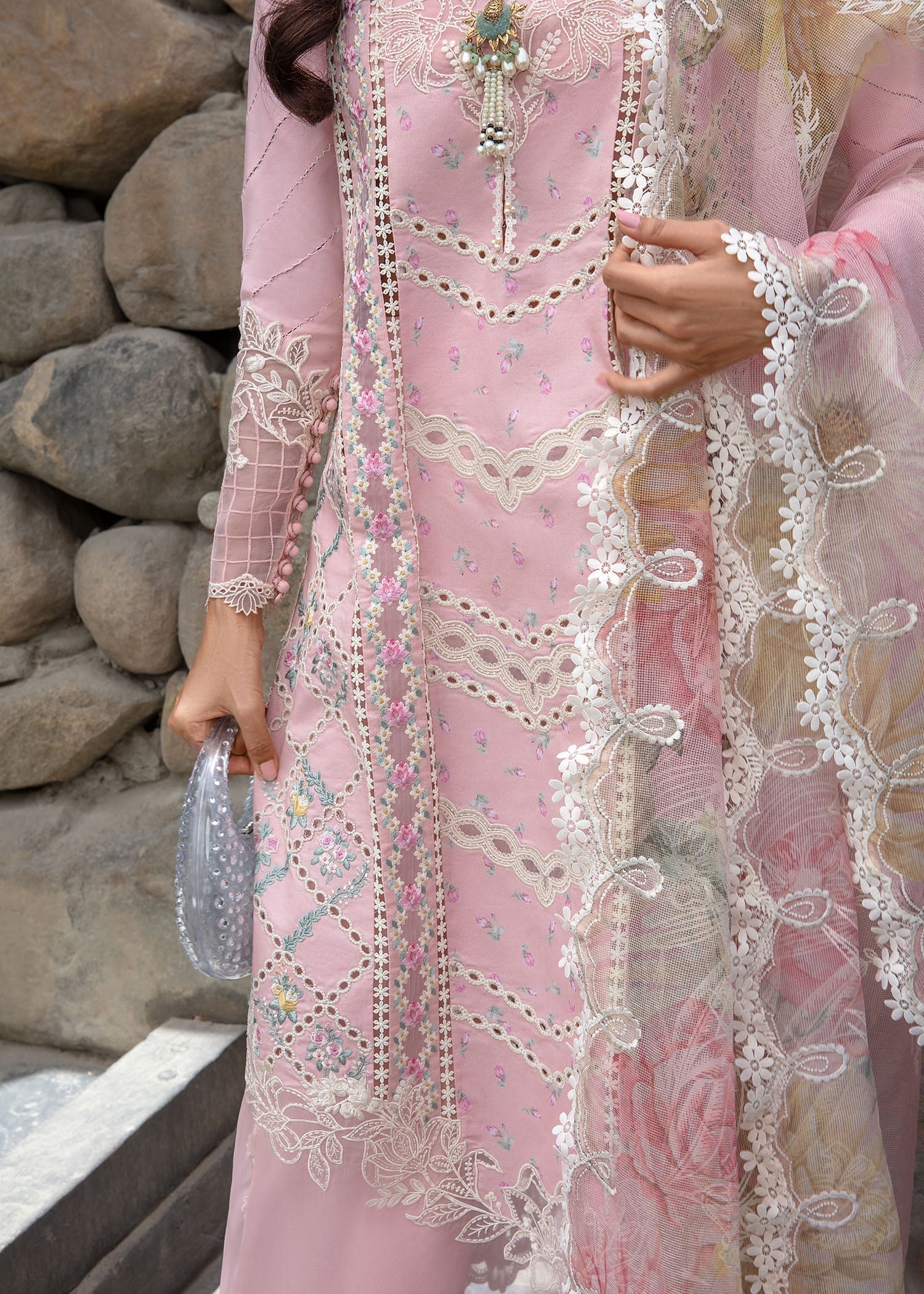Crimson | Lawn 2024 | A Floral Mesh - Rose Pink - Libasekhas