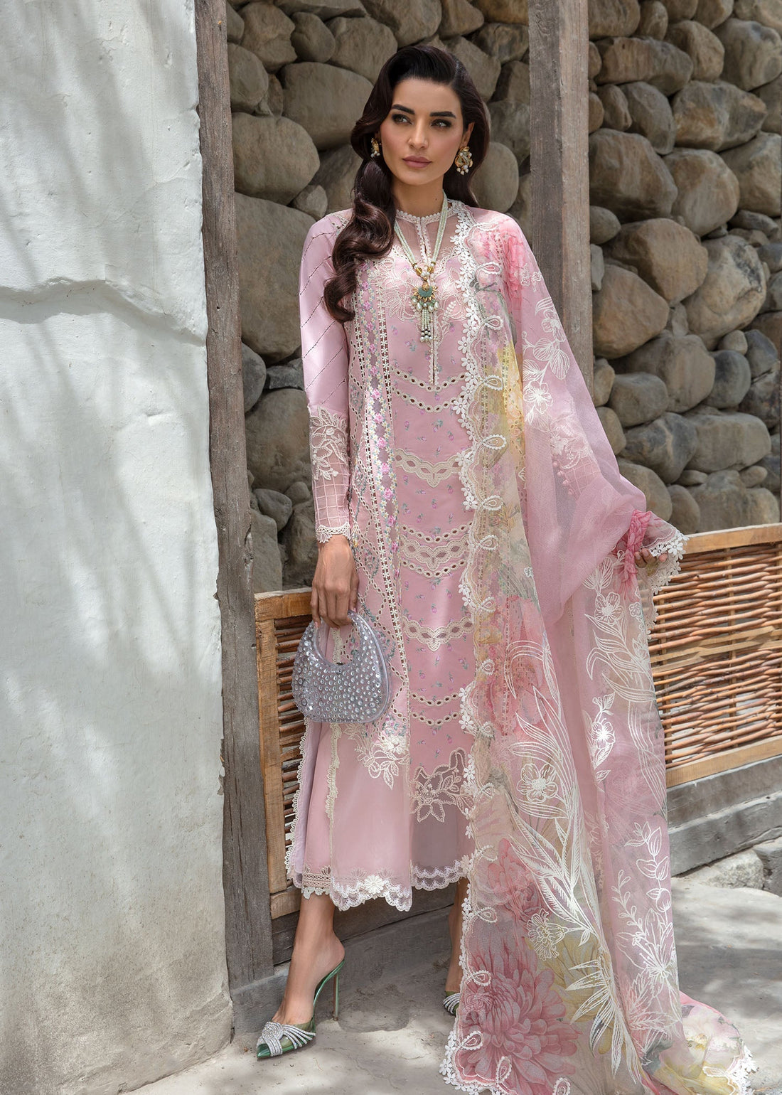 Crimson | Lawn 2024 | A Floral Mesh - Rose Pink - Libasekhas
