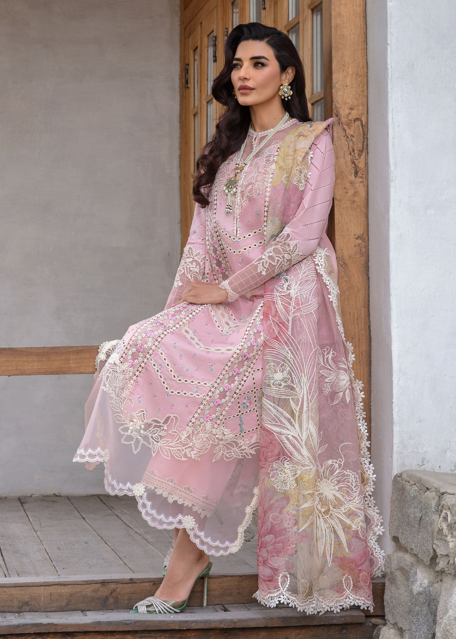 Crimson | Lawn 2024 | A Floral Mesh - Rose Pink - Libasekhas