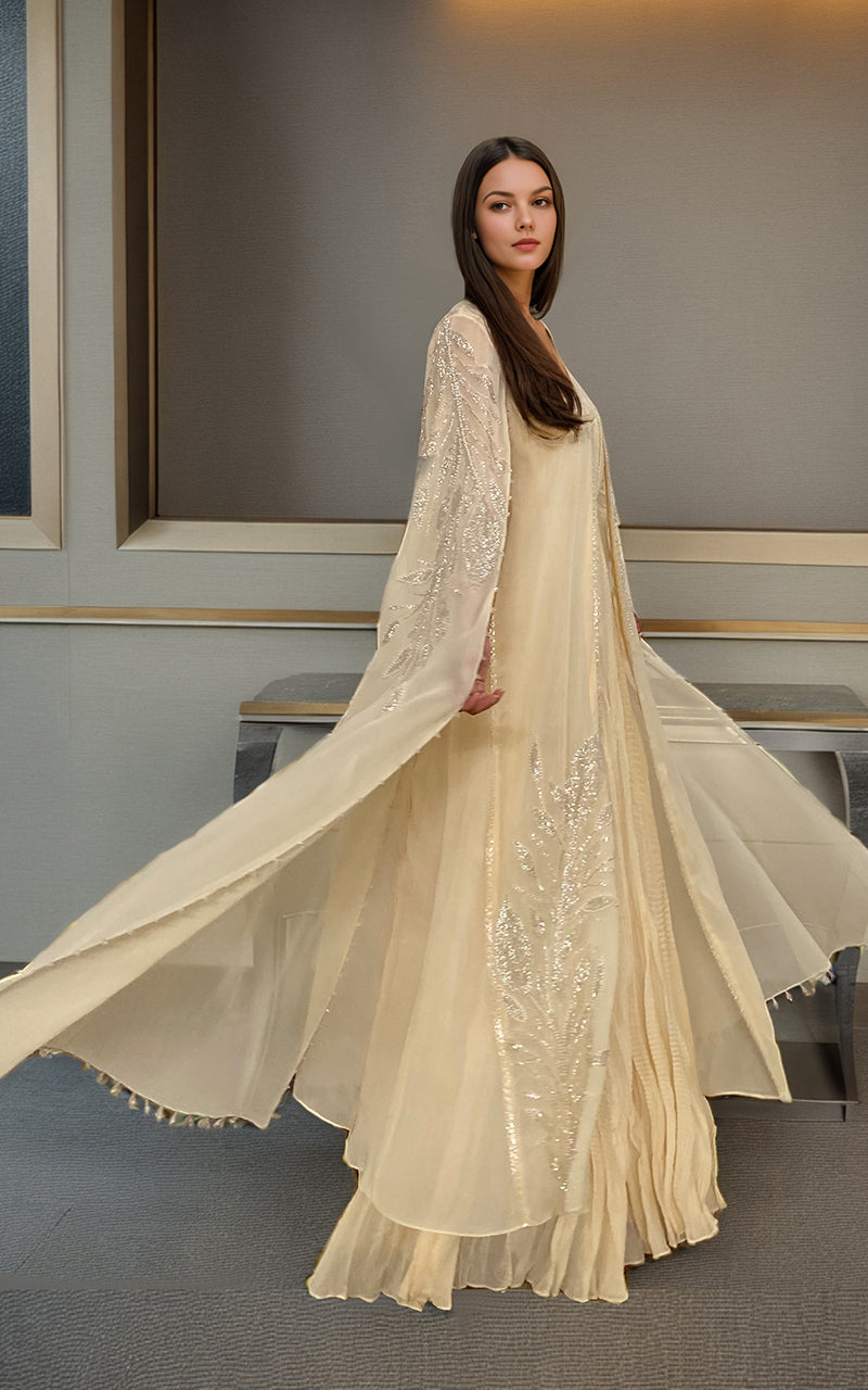 Threads and Motifs | Formal Dresses 25 | Chiffon Embroidered Cape With Crushed Maxi - by Libasekhas UK - Registered Vendor of : Threads and Motifs - 100% Original Designer Dress