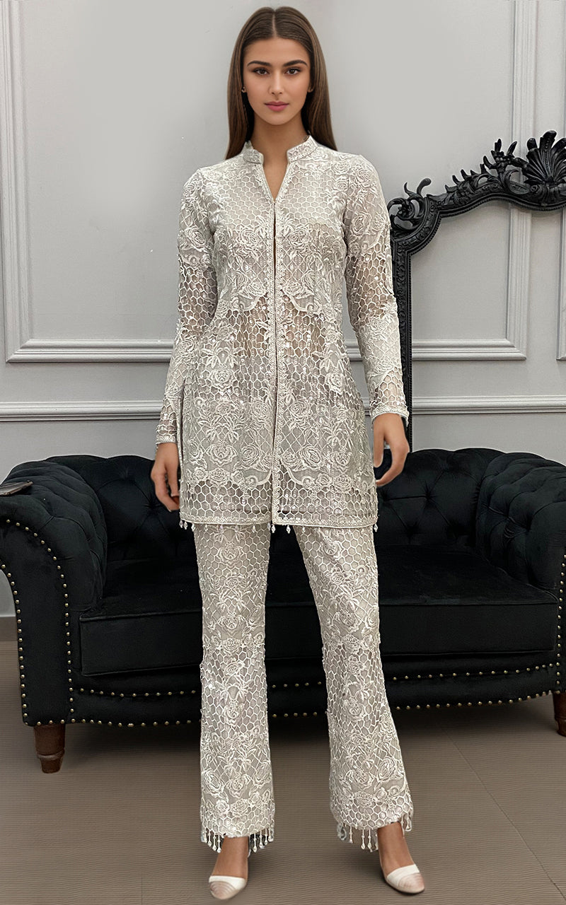 Threads and Motifs | Formal Dresses 25 | Organza Embroidered Jacket with Trouser - by Libasekhas UK - Registered Vendor of : Threads and Motifs - 100% Original Designer Dress