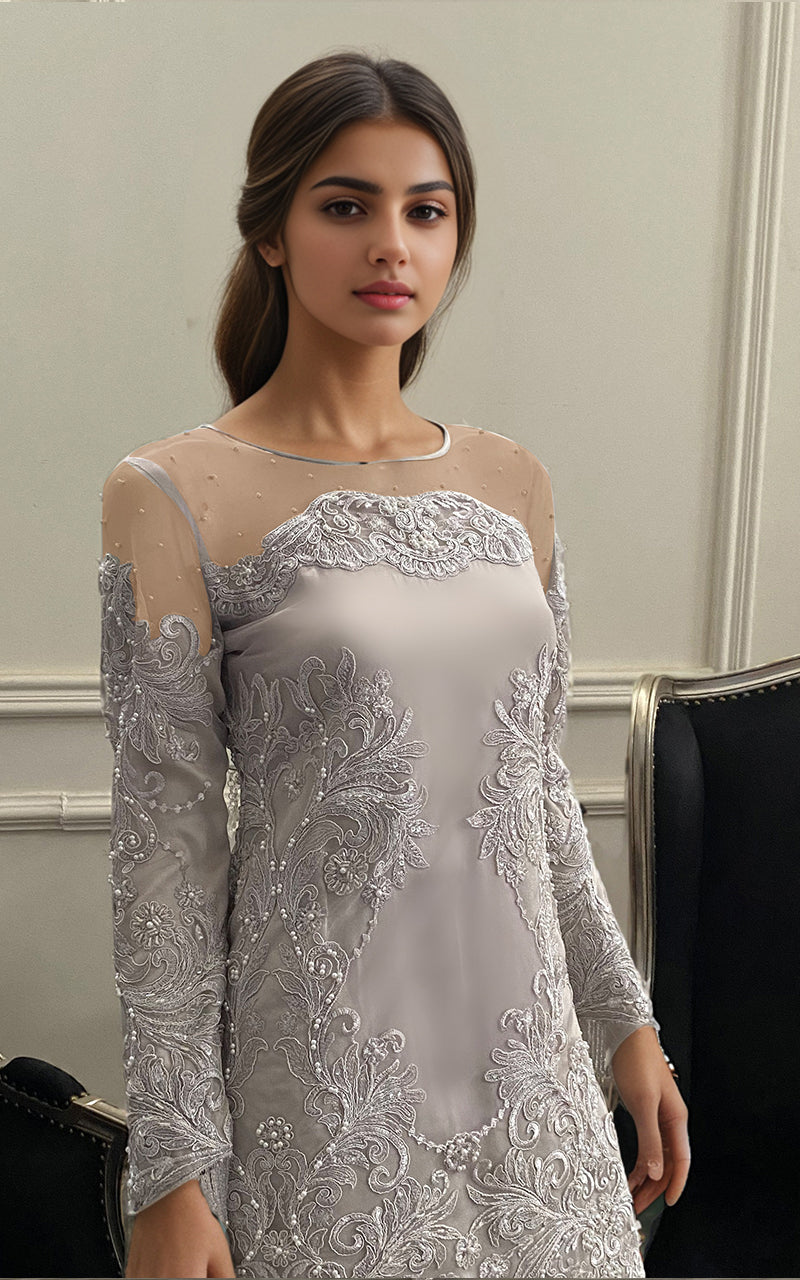 Threads and Motifs | Formal Dresses 25 | Net Embroidered Shirt With Lehenga - by Libasekhas UK - Registered Vendor of : Threads and Motifs - 100% Original Designer Dress