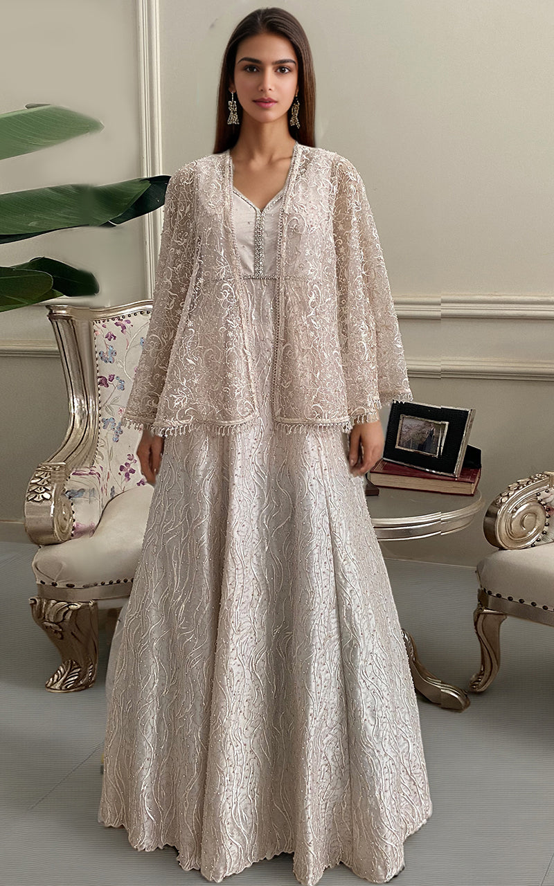 Threads and Motifs | Formal Dresses 25 | Net Embroidered Maxi With Embroidered Cape - by Libasekhas UK - Registered Vendor of : Threads and Motifs - 100% Original Designer Dress