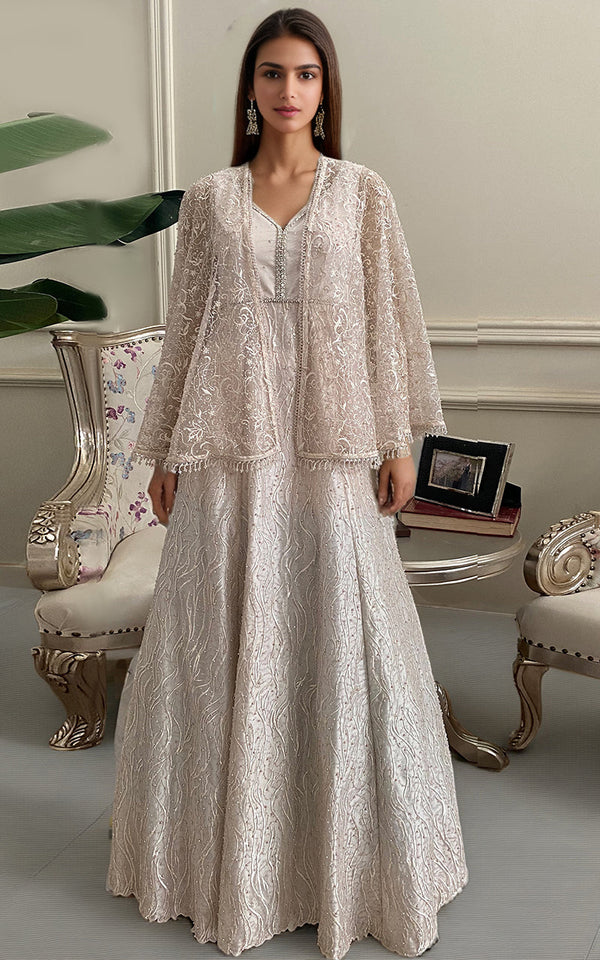 Threads and Motifs | Formal Dresses 25 | Net Embroidered Maxi With Embroidered Cape - by Libasekhas UK - Registered Vendor of : Threads and Motifs - 100% Original Designer Dress