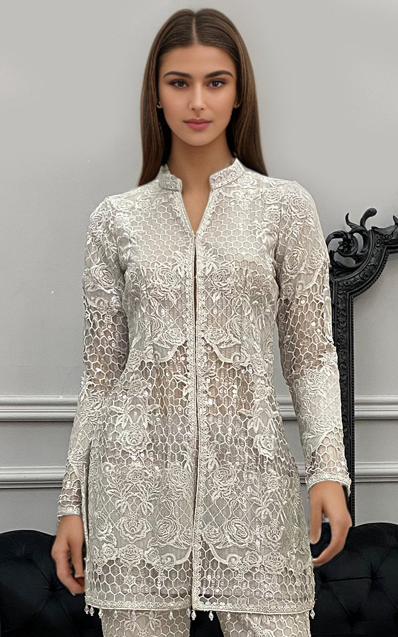 Threads and Motifs | Formal Dresses 25 | Organza Embroidered Jacket with Trouser - by Libasekhas UK - Registered Vendor of : Threads and Motifs - 100% Original Designer Dress