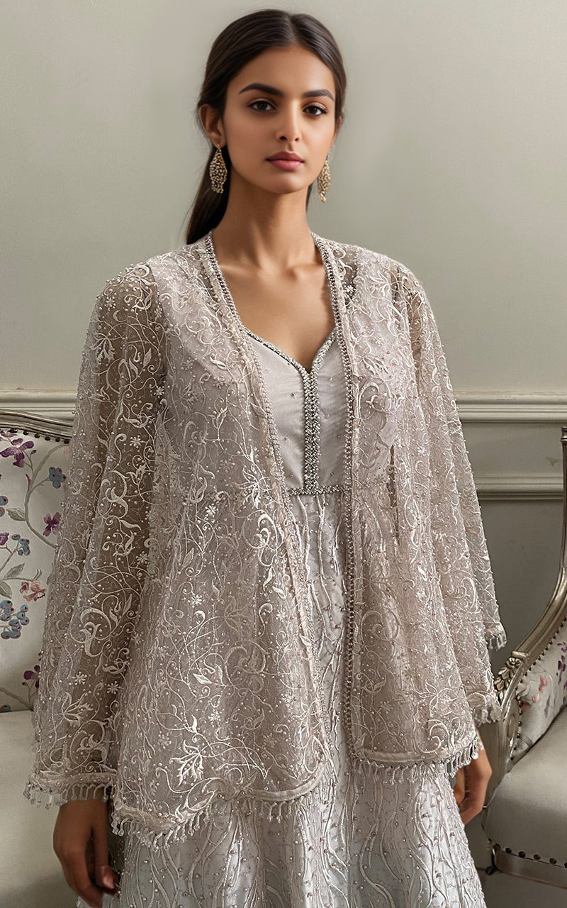 Threads and Motifs | Formal Dresses 25 | Net Embroidered Maxi With Embroidered Cape - by Libasekhas UK - Registered Vendor of : Threads and Motifs - 100% Original Designer Dress