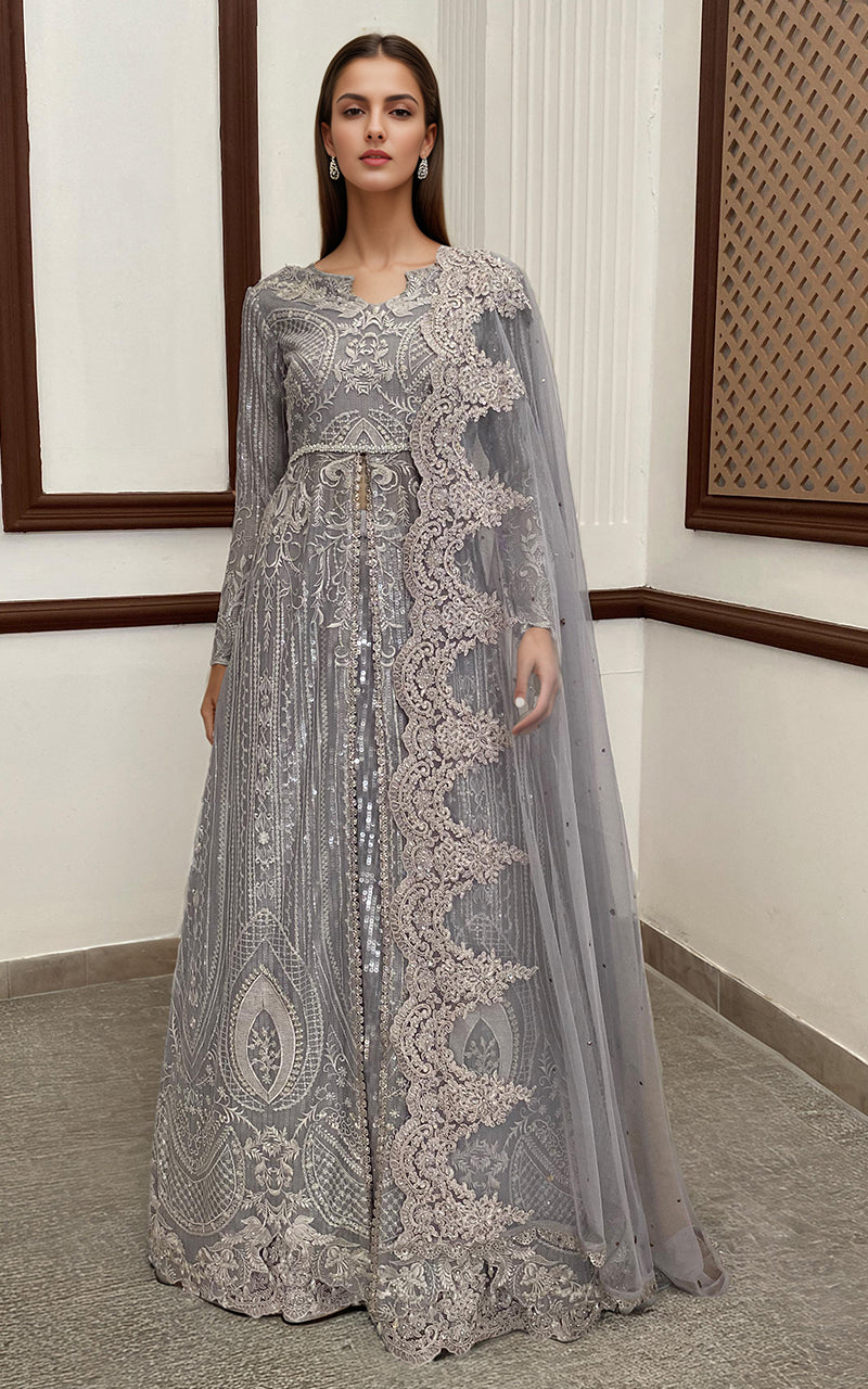 Threads and Motifs | Formal Dresses 25 | Net Embroidered Maxi With Dupatta - by Libasekhas UK - Registered Vendor of : Threads and Motifs - 100% Original Designer Dress