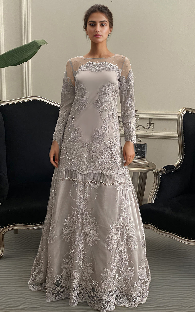 Threads and Motifs | Formal Dresses 25 | Net Embroidered Shirt With Lehenga - by Libasekhas UK - Registered Vendor of : Threads and Motifs - 100% Original Designer Dress