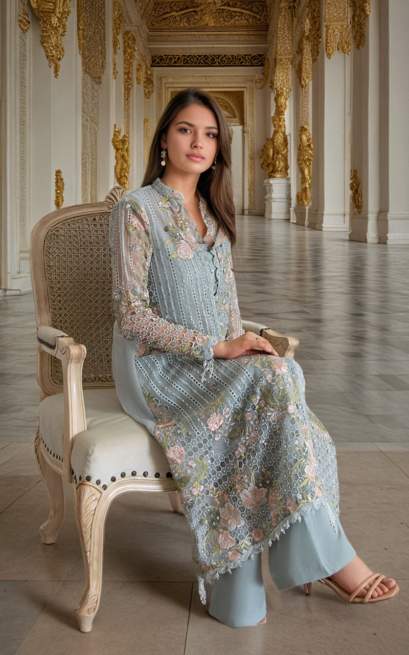 Threads and Motifs | Formal Dresses 25 | Organza Embroidered Front Open Jacket - by Libasekhas UK - Registered Vendor of : Threads and Motifs - 100% Original Designer Dress