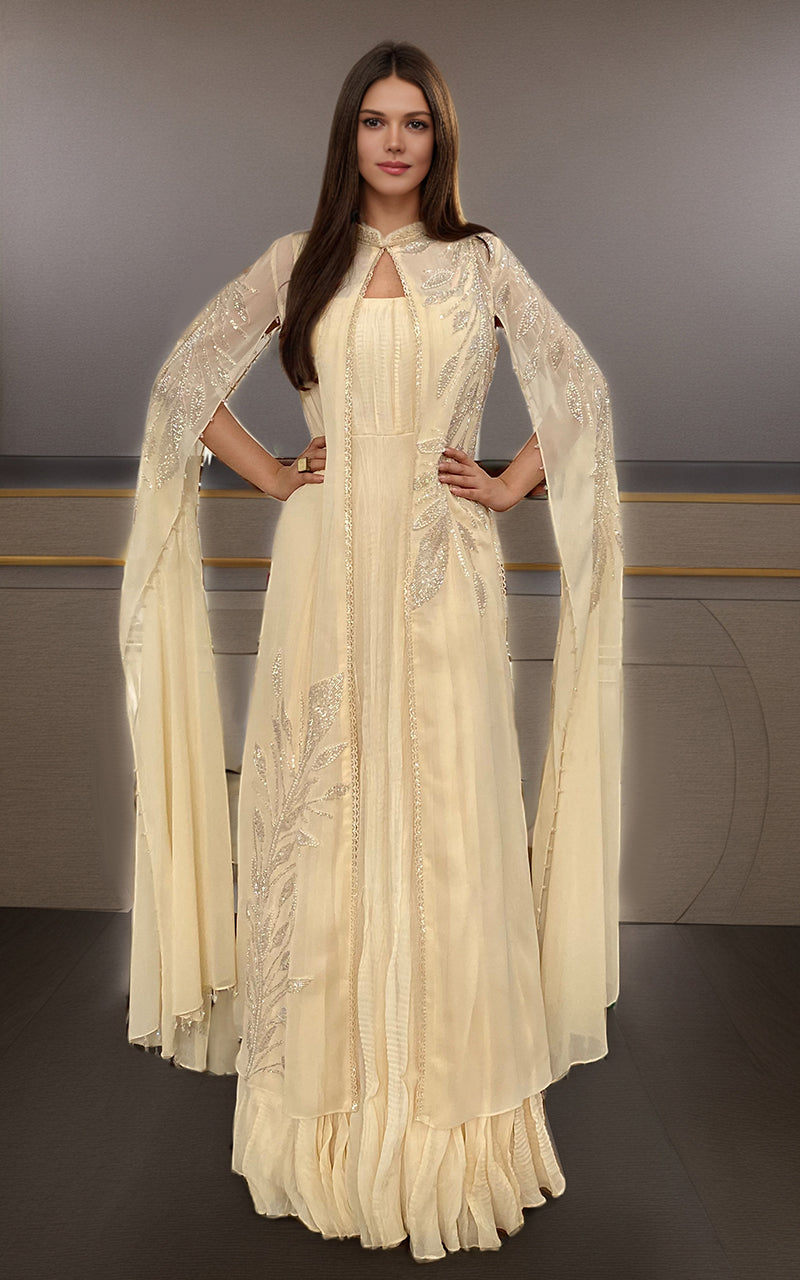 Threads and Motifs | Formal Dresses 25 | Chiffon Embroidered Cape With Crushed Maxi - by Libasekhas UK - Registered Vendor of : Threads and Motifs - 100% Original Designer Dress