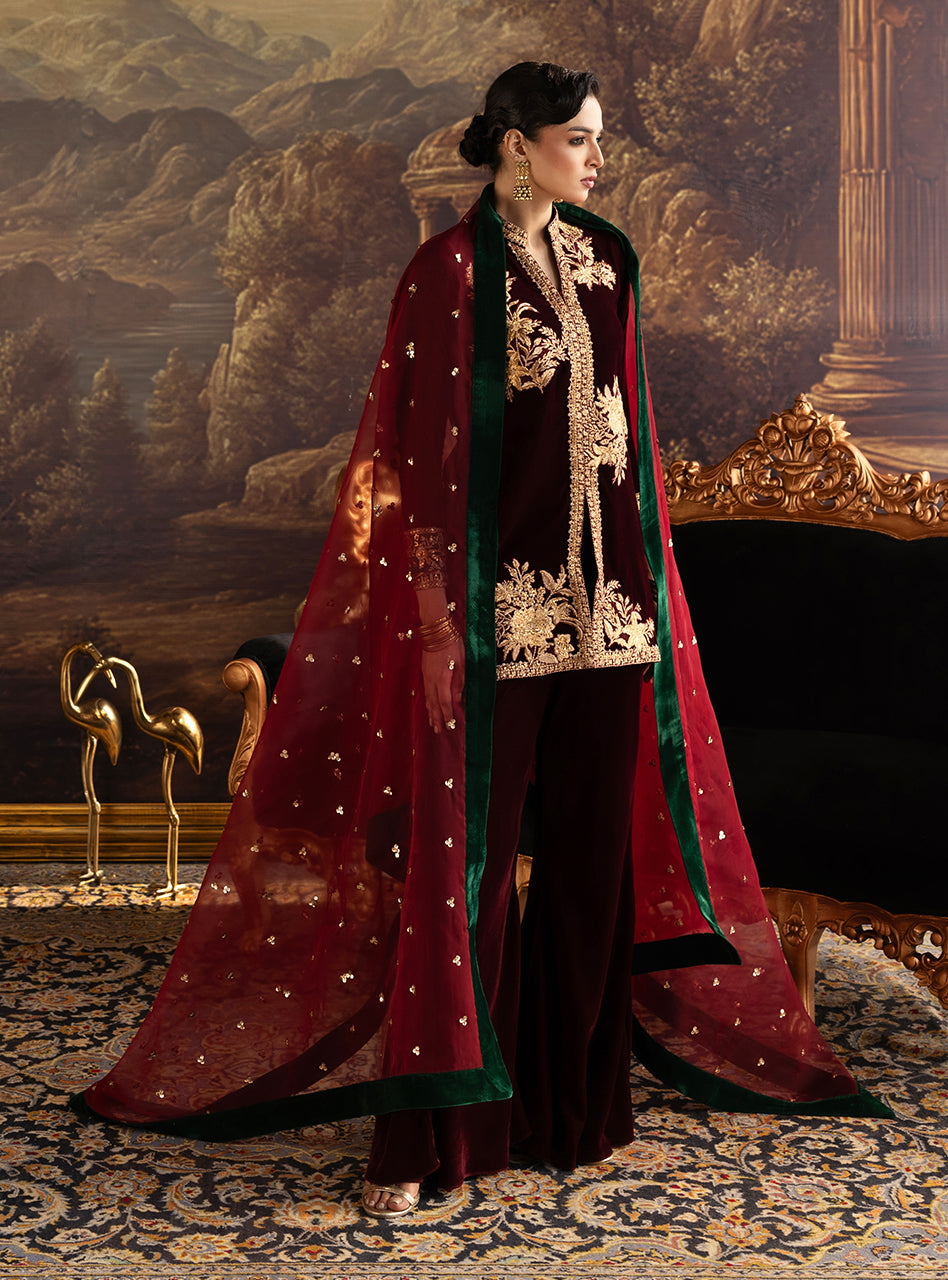Zainab Chottani | Velura Velvet Edit 25 | Claret Flared Pants - by Libasekhas UK - Registered Vendor of : Zainab Chottani - 100% Original Designer Dress