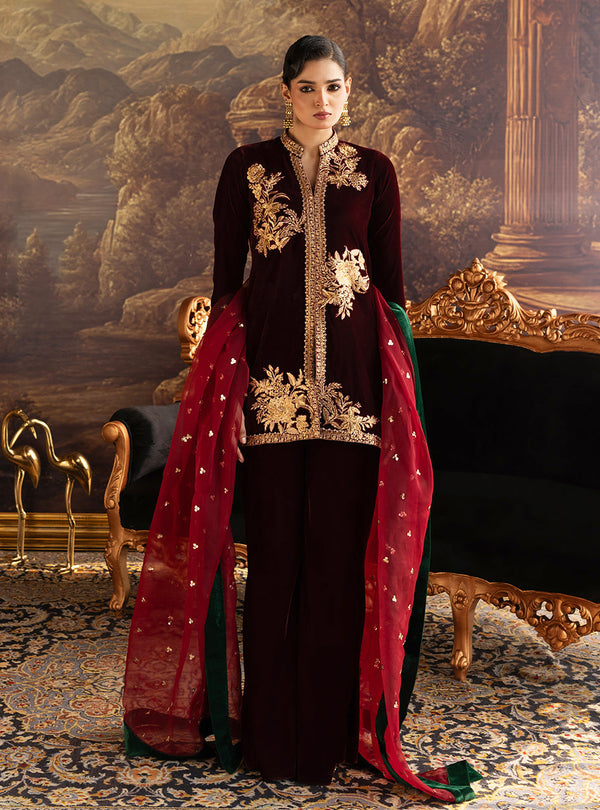 Zainab Chottani | Velura Velvet Edit 25 | Claret Flared Pants - by Libasekhas UK - Registered Vendor of : Zainab Chottani - 100% Original Designer Dress