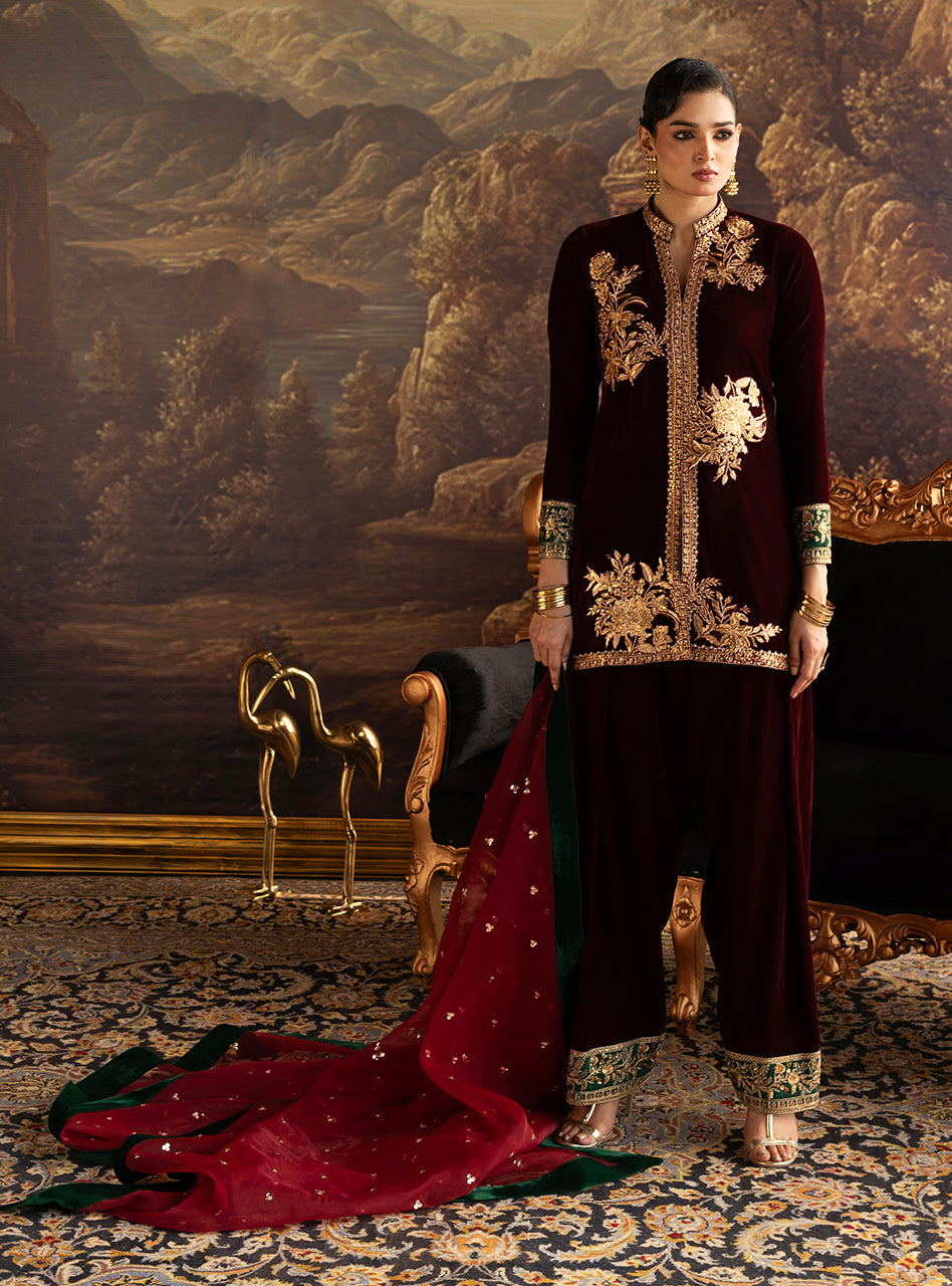 Zainab Chottani | Velura Velvet Edit 25 | Claret Farshi - by Libasekhas UK - Registered Vendor of : Zainab Chottani - 100% Original Designer Dress