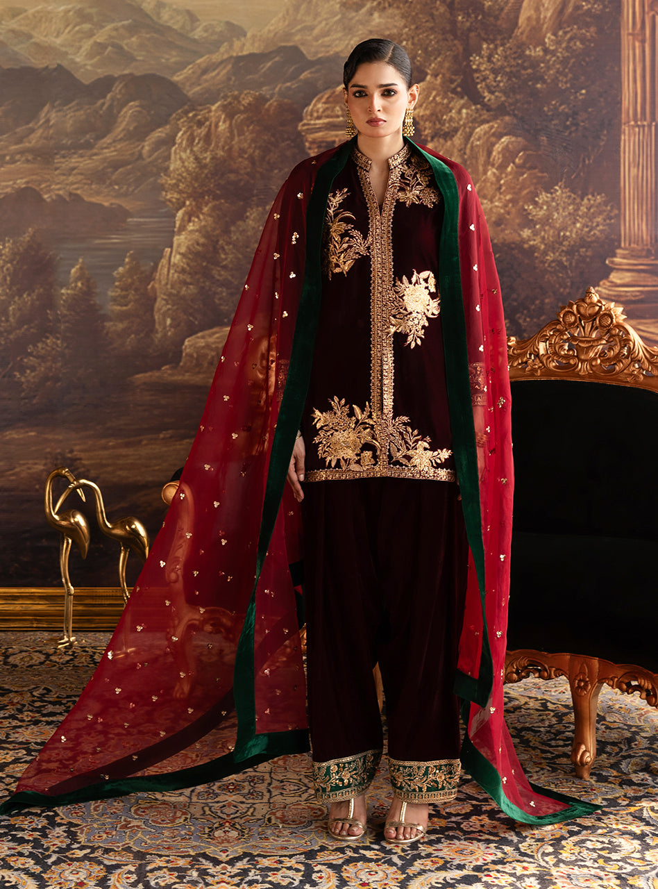 Zainab Chottani | Velura Velvet Edit 25 | Claret Farshi - by Libasekhas UK - Registered Vendor of : Zainab Chottani - 100% Original Designer Dress