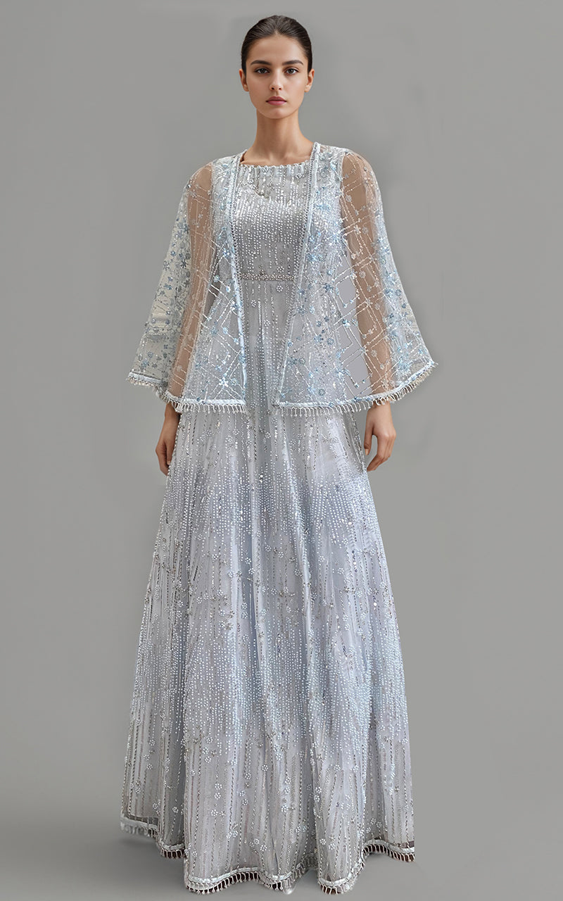 Threads and Motifs | Formal Dresses 25 | Net Embroidered Cape With Maxi - by Libasekhas UK - Registered Vendor of : Threads and Motifs - 100% Original Designer Dress