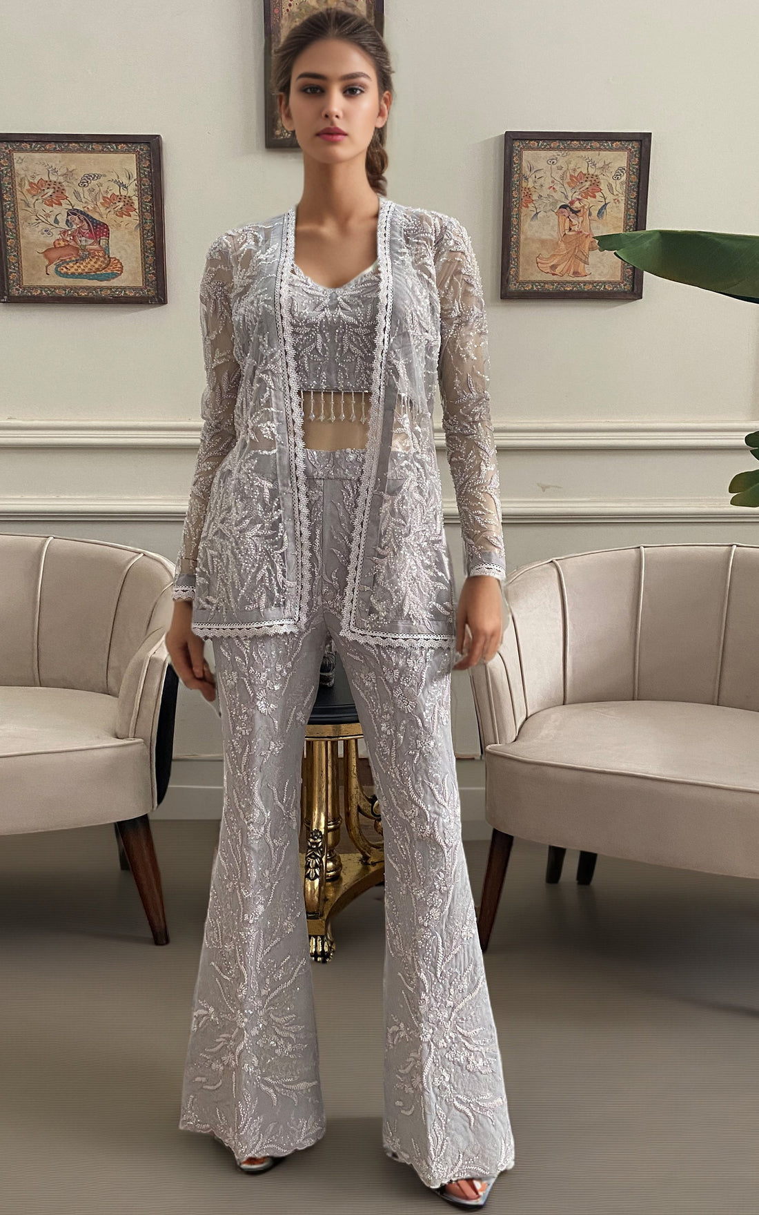 Threads and Motifs | Formal Dresses 25 | Net Embroidered Jacket With Embroidered Trouser - by Libasekhas UK - Registered Vendor of : Threads and Motifs - 100% Original Designer Dress