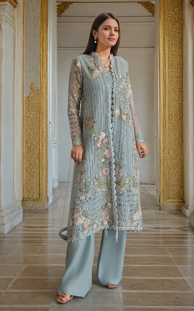 Threads and Motifs | Formal Dresses 25 | Organza Embroidered Front Open Jacket - by Libasekhas UK - Registered Vendor of : Threads and Motifs - 100% Original Designer Dress
