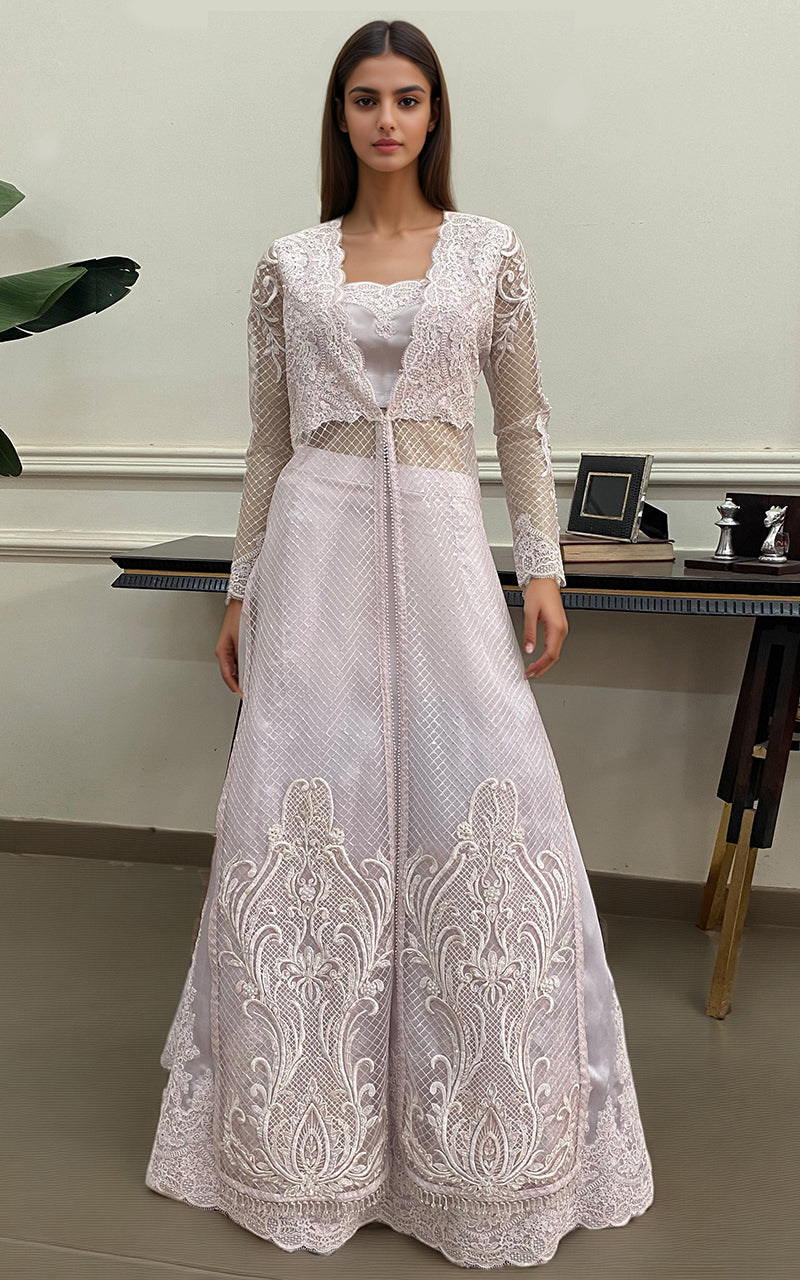 Threads and Motifs | Formal Dresses 25 | Net Embroidered Jacket with Embroidered Blouse and Skirt - by Libasekhas UK - Registered Vendor of : Threads and Motifs - 100% Original Designer Dress