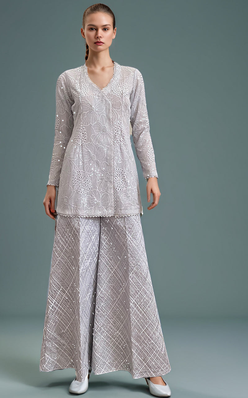 Threads and Motifs | Formal Dresses 25 | Chiffon Chikankari Embroidered Angrakha with Net embroidered trouser - by Libasekhas UK - Registered Vendor of : Threads and Motifs - 100% Original Designer Dress