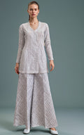 Threads and Motifs | Formal Dresses 25 | Chiffon Chikankari Embroidered Angrakha with Net embroidered trouser - by Libasekhas UK - Registered Vendor of : Threads and Motifs - 100% Original Designer Dress