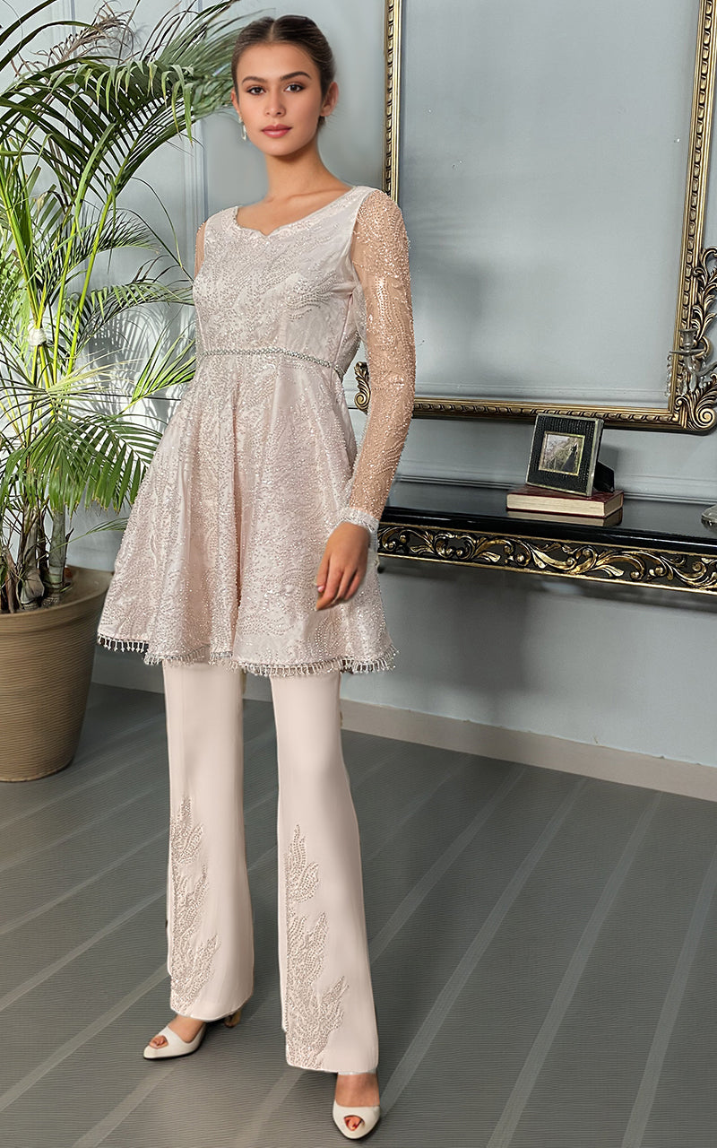 Threads and Motifs | Formal Dresses 25 | Net Embroidered Peplum With Trouser - by Libasekhas UK - Registered Vendor of : Threads and Motifs - 100% Original Designer Dress