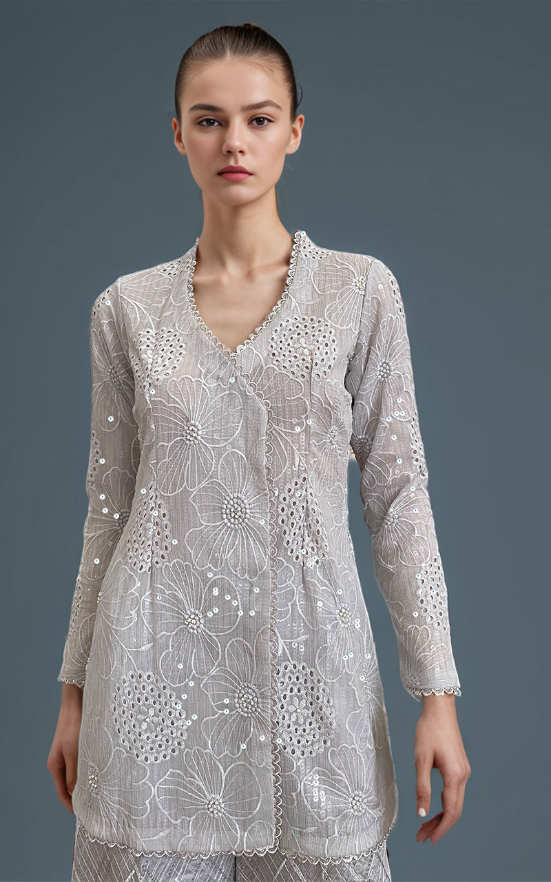 Threads and Motifs | Formal Dresses 25 | Chiffon Chikankari Embroidered Angrakha with Net embroidered trouser - by Libasekhas UK - Registered Vendor of : Threads and Motifs - 100% Original Designer Dress