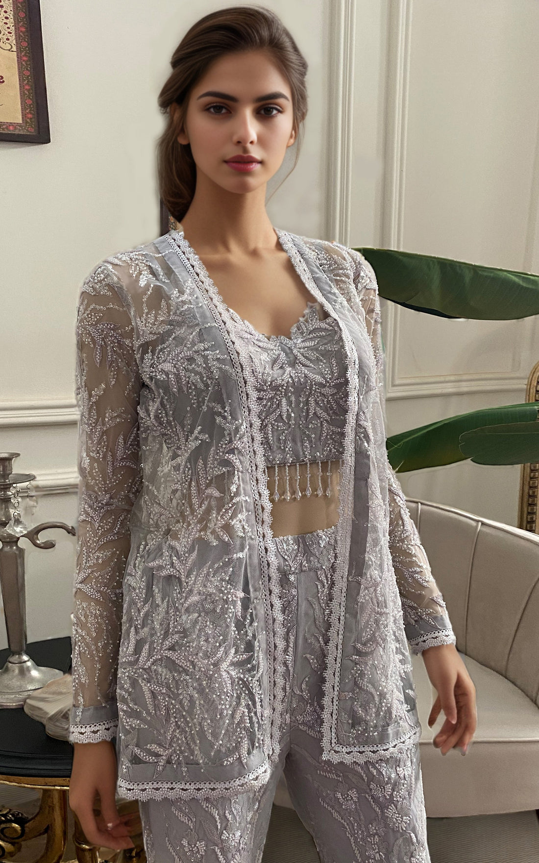 Threads and Motifs | Formal Dresses 25 | Net Embroidered Jacket With Embroidered Trouser - by Libasekhas UK - Registered Vendor of : Threads and Motifs - 100% Original Designer Dress