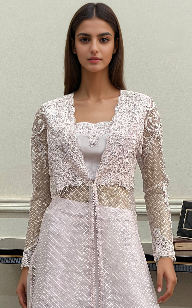 Threads and Motifs | Formal Dresses 25 | Net Embroidered Jacket with Embroidered Blouse and Skirt - by Libasekhas UK - Registered Vendor of : Threads and Motifs - 100% Original Designer Dress