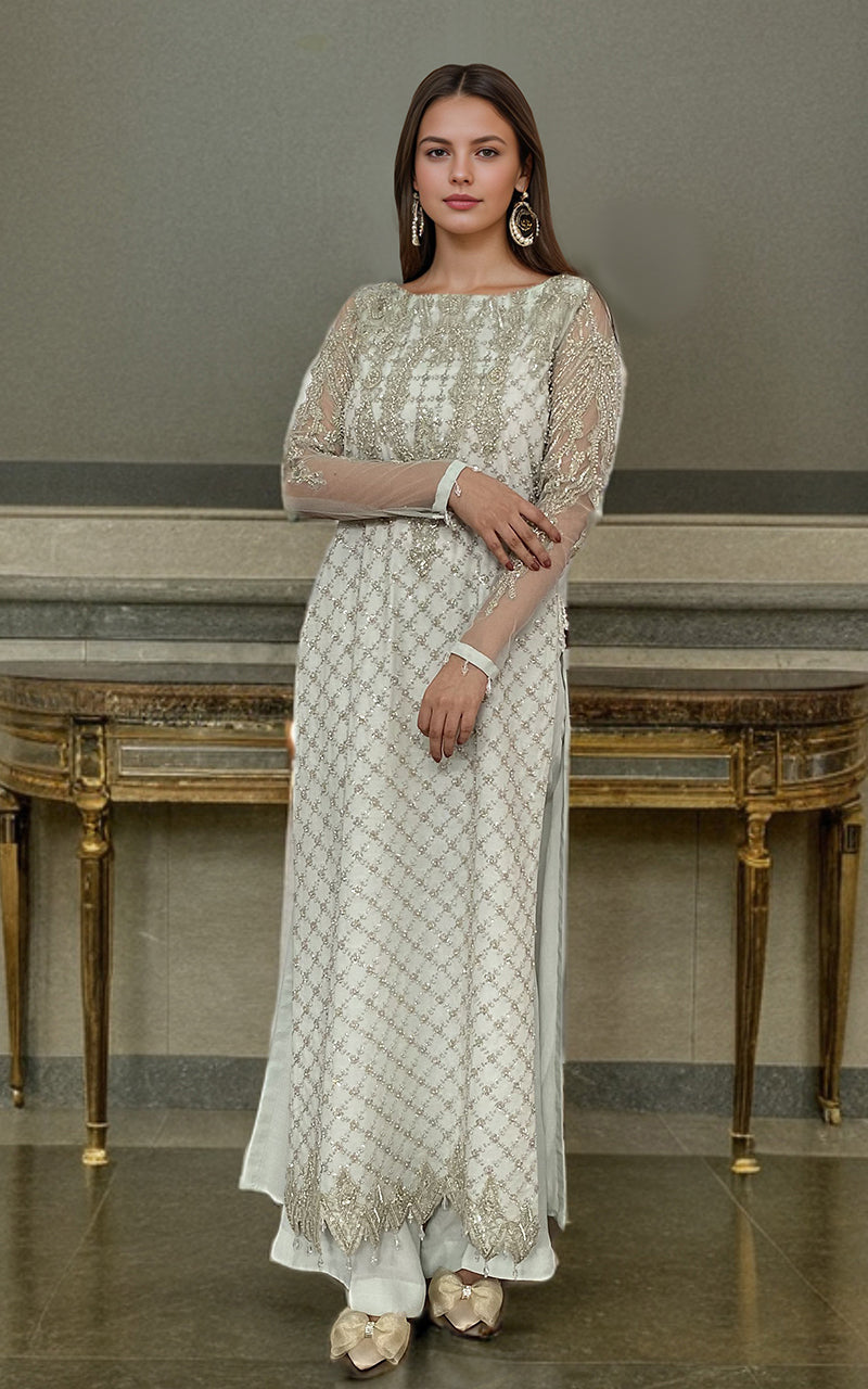 Threads and Motifs | Formal Dresses 25 | Net Embroidered Shirt With Trouser - by Libasekhas UK - Registered Vendor of : Threads and Motifs - 100% Original Designer Dress