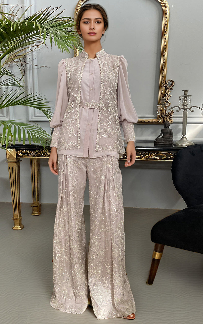 Threads and Motifs | Formal Dresses 25 | Net Embroidered Jacket With Chiffon Shirt And Embroidered Trouser - by Libasekhas UK - Registered Vendor of : Threads and Motifs - 100% Original Designer Dress