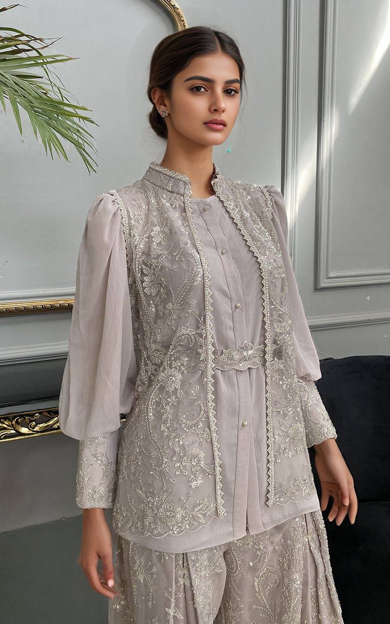 Threads and Motifs | Formal Dresses 25 | Net Embroidered Jacket With Chiffon Shirt And Embroidered Trouser - by Libasekhas UK - Registered Vendor of : Threads and Motifs - 100% Original Designer Dress