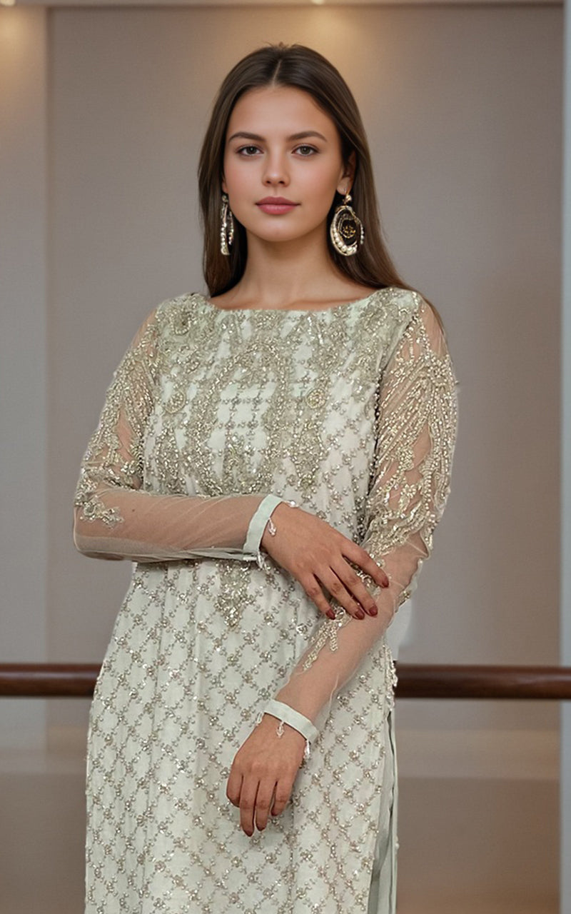 Threads and Motifs | Formal Dresses 25 | Net Embroidered Shirt With Trouser - by Libasekhas UK - Registered Vendor of : Threads and Motifs - 100% Original Designer Dress