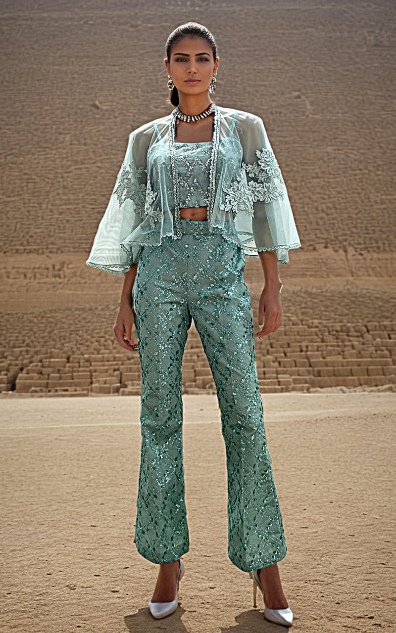 Threads and Motifs | Formal Dresses 25 | Embroiderd Cape with Blouse and Trouser - by Libasekhas UK - Registered Vendor of : Threads and Motifs - 100% Original Designer Dress