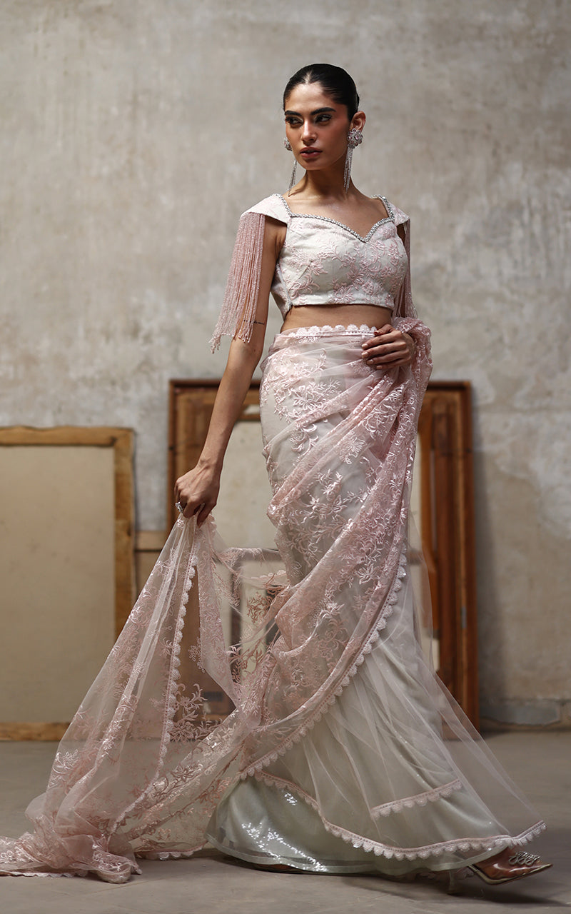 Threads and Motifs | Formal Dresses 25 | Net Embroidered Blouse And Saree - by Libasekhas UK - Registered Vendor of : Threads and Motifs - 100% Original Designer Dress