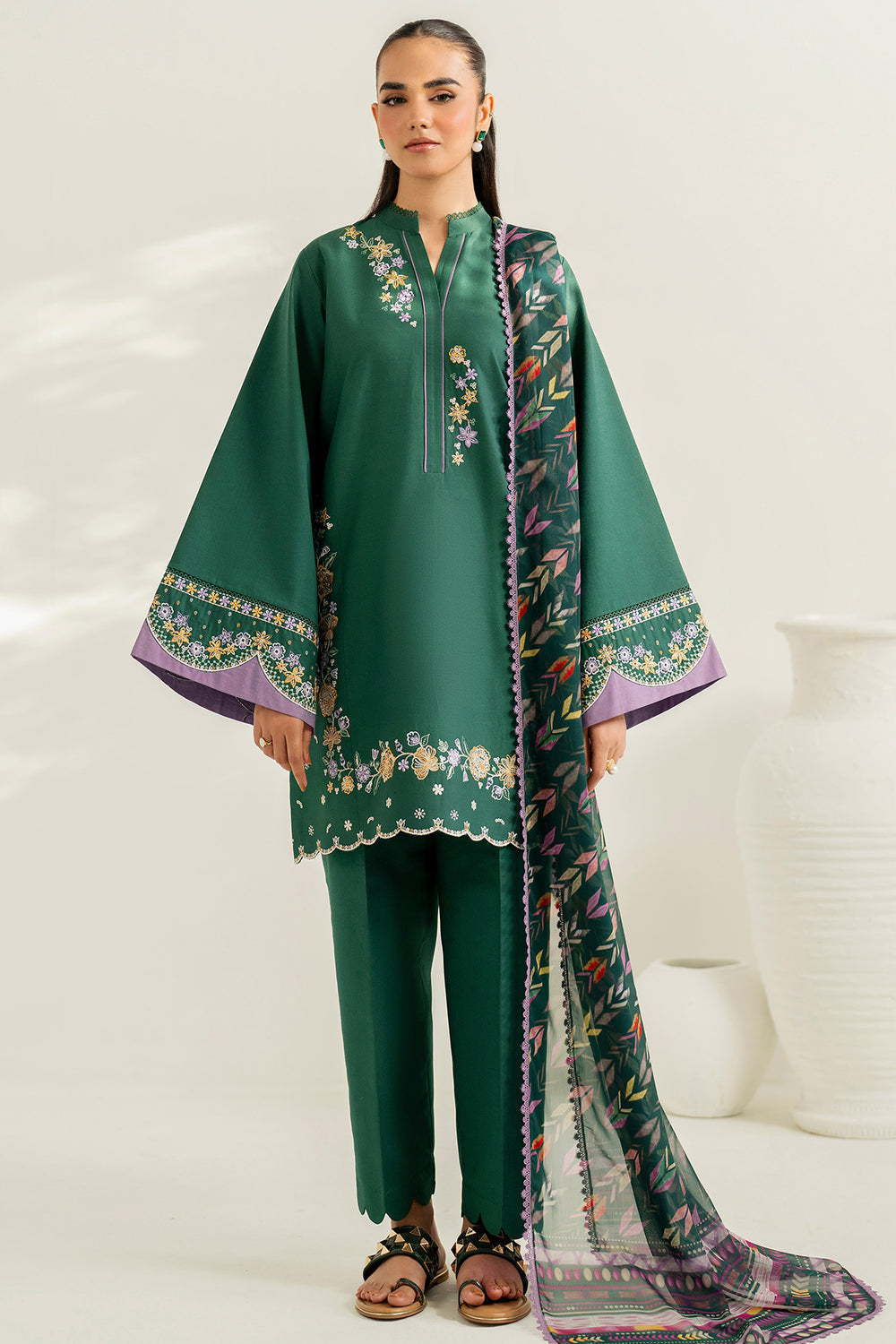Farasha | Thread Lines Embroidered | Deep Pine - by Libasekhas UK - Registered Vendor of : Farasha - 100% Original Designer Dress
