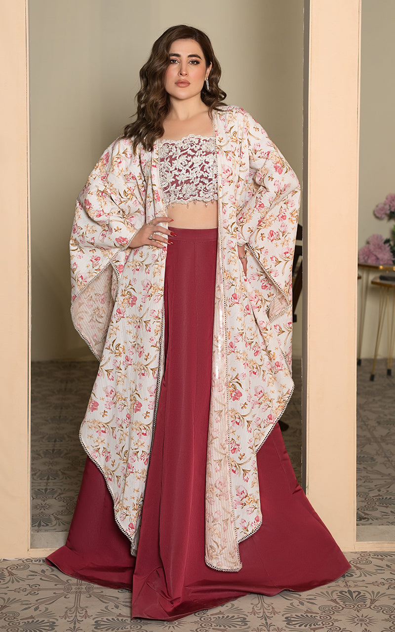 Threads and Motifs | Formal Dresses 25 | Embroidered Blouse With Printed Cape And Skirt - by Libasekhas UK - Registered Vendor of : Threads and Motifs - 100% Original Designer Dress