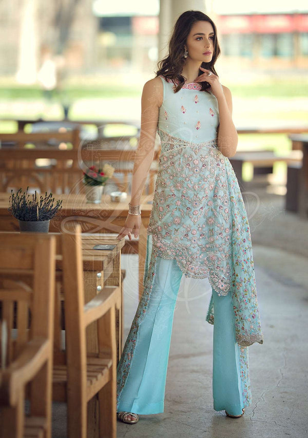 Layla Chatoor | Luxury Pret | Aqua Blue Top - by Libasekhas UK - Registered Vendor of : Layla Chatoor - 100% Original Designer Dress