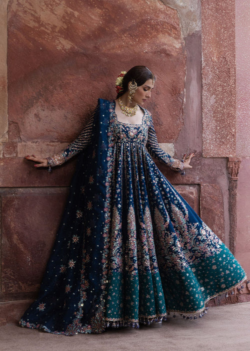 Hussain Rehar| Festive Unstitched 26 | Teal Blue Pishwas- Dil Afroz