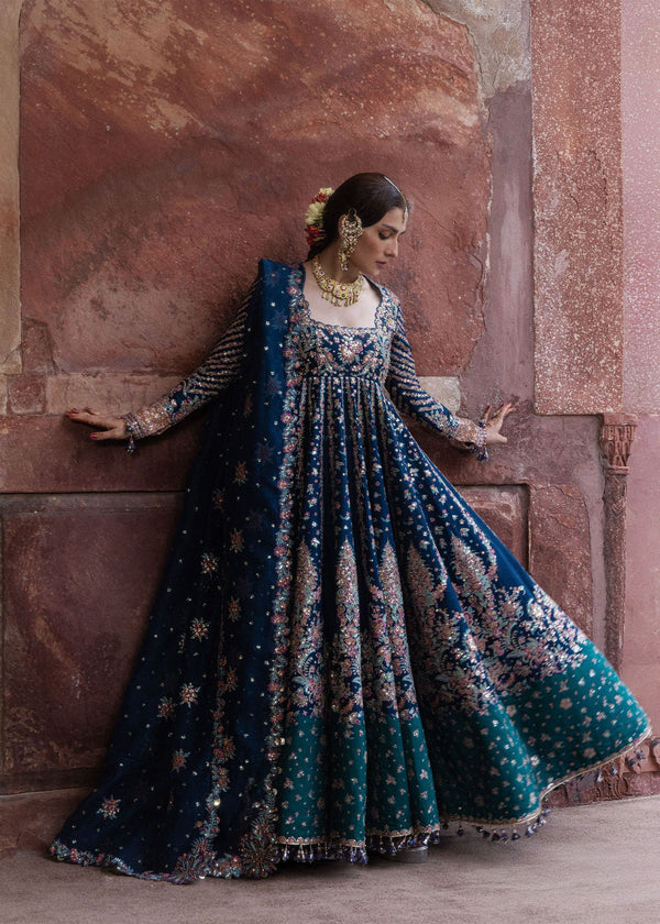 Hussain Rehar| Festive Unstitched 26 | Teal Blue Pishwas- Dil Afroz