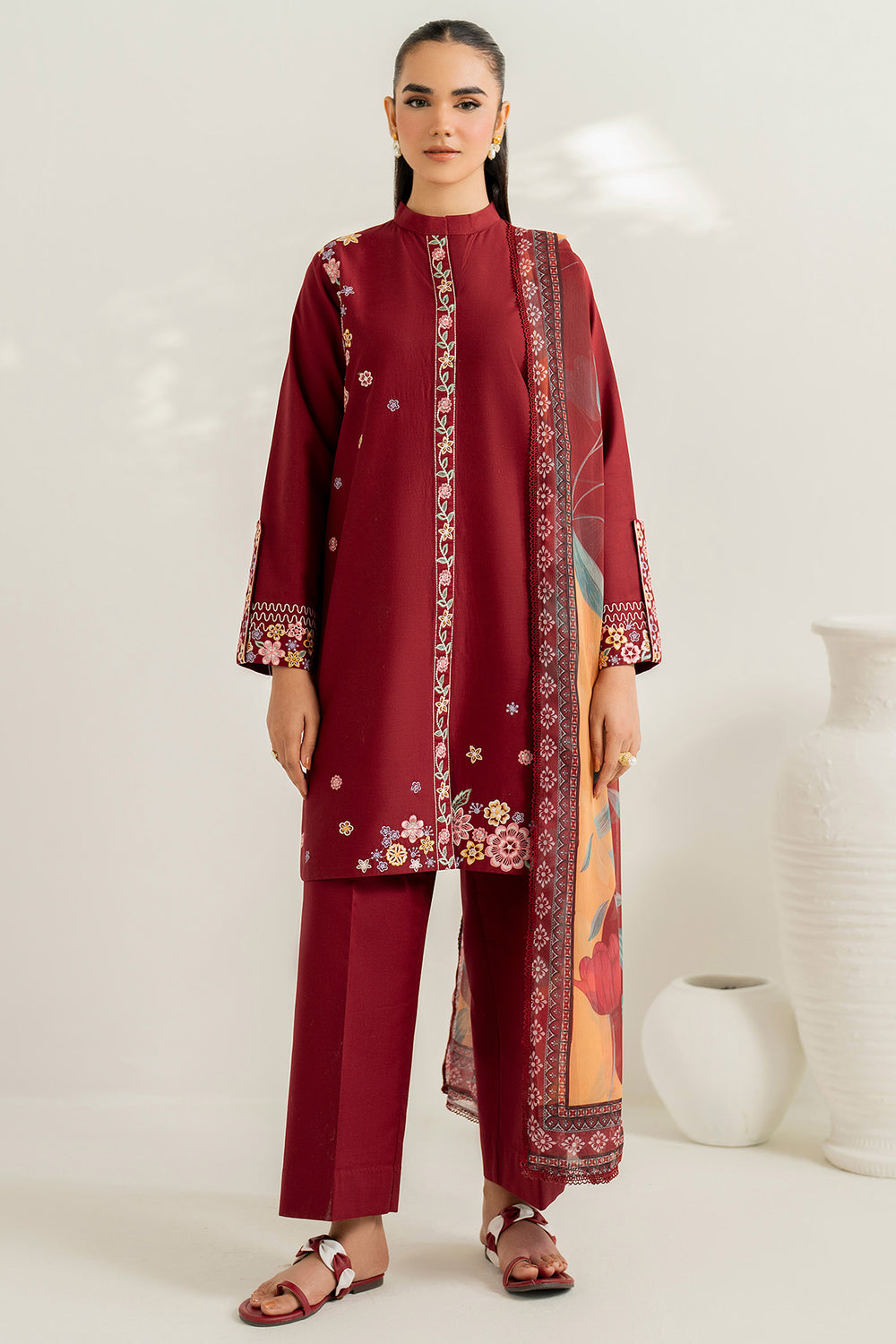 Farasha | Thread Lines Embroidered | Maroon Muse - by Libasekhas UK - Registered Vendor of : Farasha - 100% Original Designer Dress